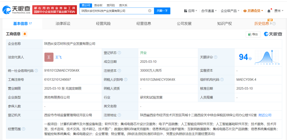 陜西長(zhǎng)安芯材科技產(chǎn)業(yè)發(fā)展公司成立，注冊(cè)資本3億元聚焦計(jì)算機(jī)軟硬件技術(shù)開發(fā)與銷售